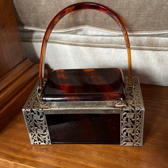 1950s Tyrolean Tortoise Striped Lucite Decorative Metal Encased Box Style Purse - Picture 5 of 13